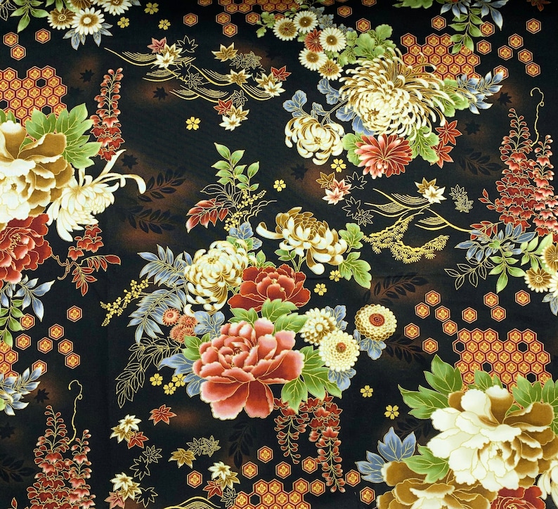 Japanese Floral Fabric Oriental Blue or Brown Flowers Fabric Etsy