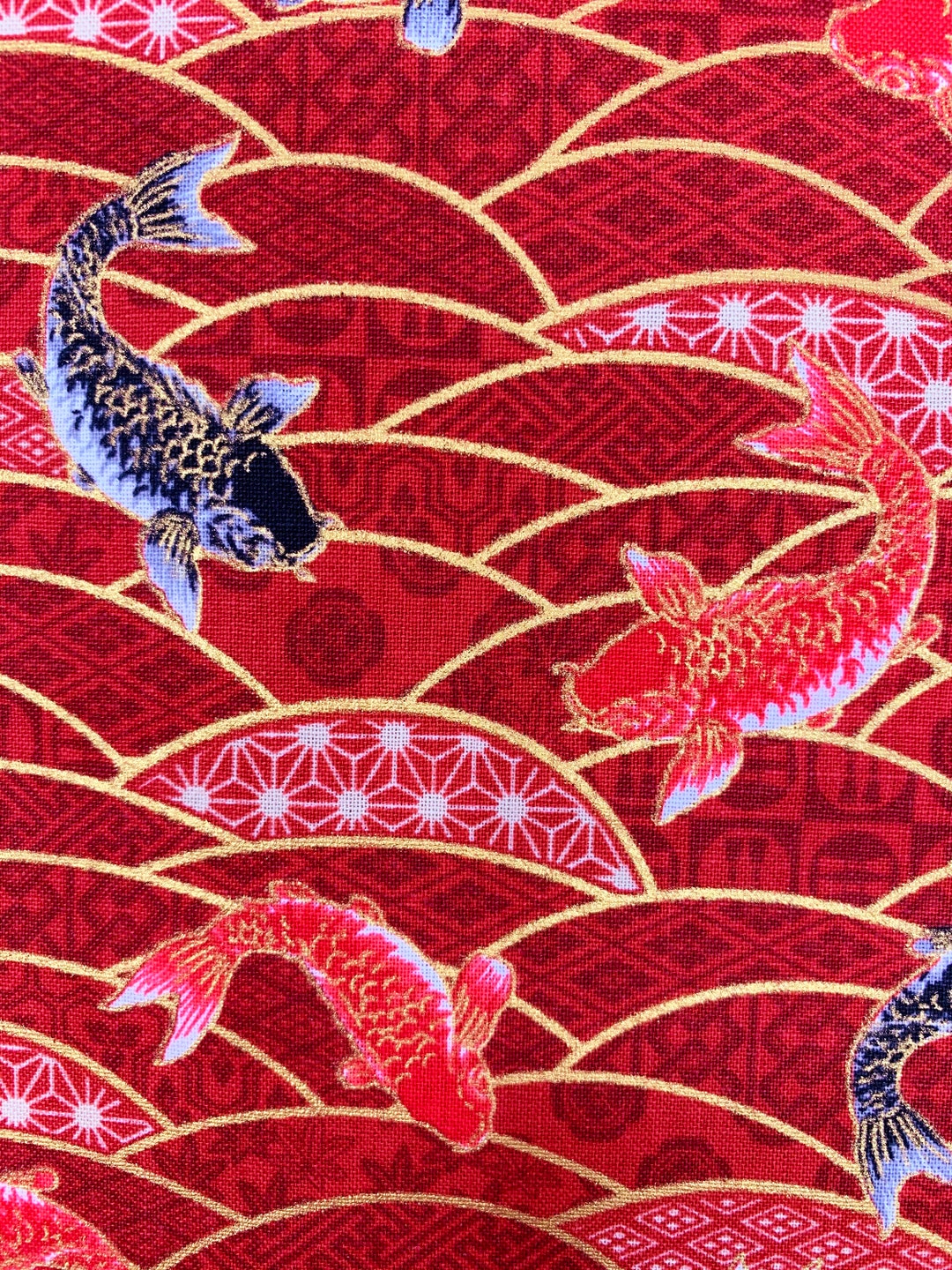 Oriental Fish Fabric, Carp, Japanese Asian Chinese, Red Gold Metallic ...