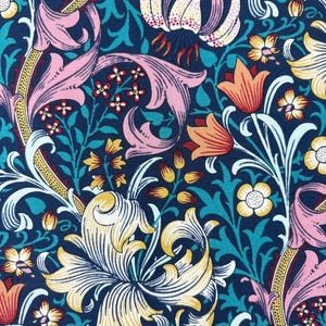 William Morris Golden Lily fabric, Art Nouveau navy blue craft cotton, Morris & Co