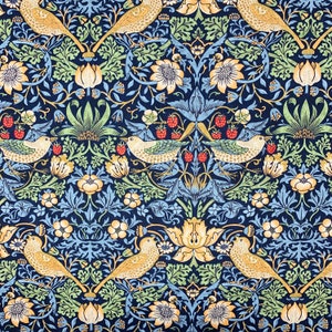 May include: A repeating pattern featuring stylized birds, strawberries, and floral elements in shades of gold, green, blue, and red on a navy blue background. The design has a vintage aesthetic, reminiscent of classic textile patterns.