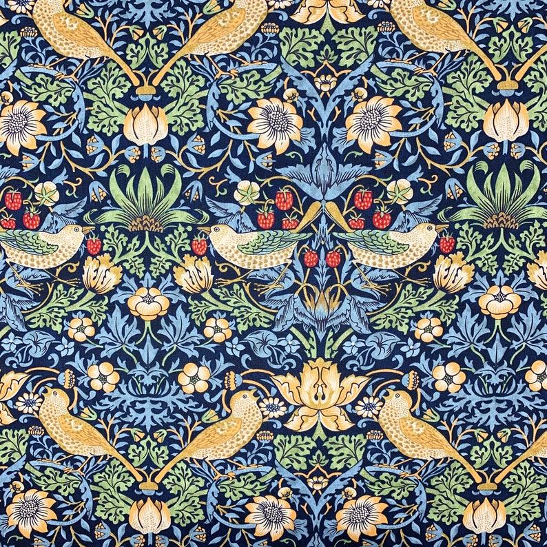 May include: A repeating pattern featuring stylized birds, strawberries, and floral elements in shades of gold, green, blue, and red on a navy blue background. The design has a vintage aesthetic, reminiscent of classic textile patterns.