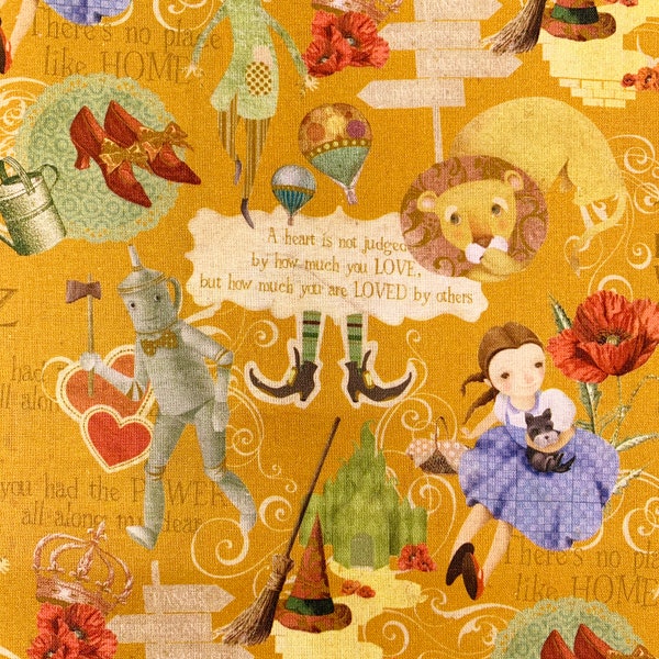 Wizard of Oz fabric, Dorothy & Wicked Witch cotton, ochre, by the metre, fat quarter