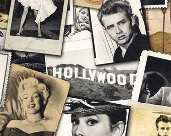 Hollywood Stars fabric, Monroe Hepburn Dean Bogart, retro films 50s 1950s