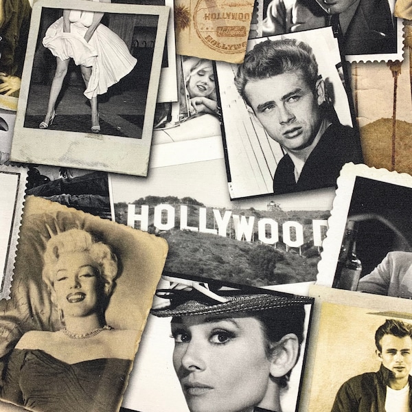 Hollywood Stars fabric, Monroe Hepburn Dean Bogart, retro films 50s 1950s