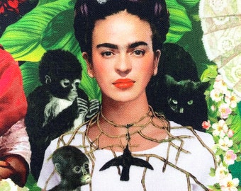 Frida multicolour fabric, Mexican Frida artist with monkey, cotton