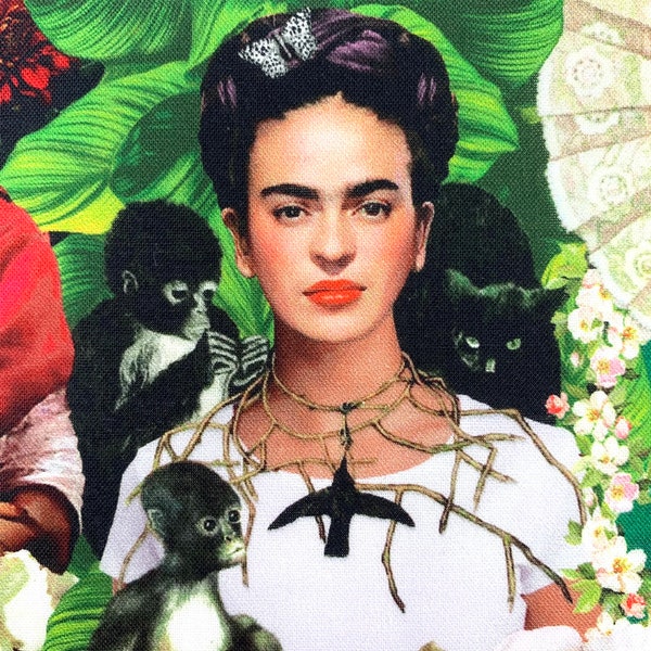 Tissu Frida multicolore, artiste Frida mexicain avec un singe, coton