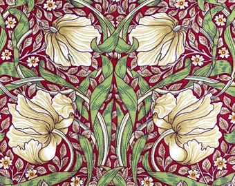May include: A red fabric with a repeating pattern of white flowers and green leaves. The pattern is reminiscent of Art Nouveau style.