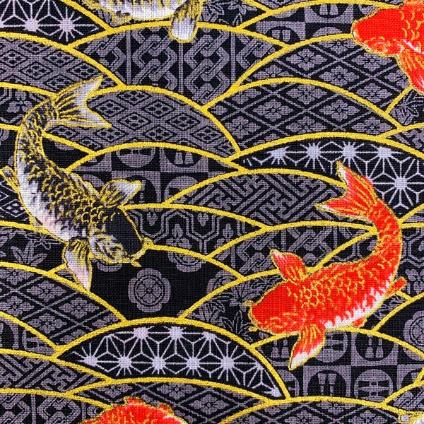 Oriental fish fabric, carp, Japanese asian chinese, black grey gold metallic, koi goldfish, , by the metre