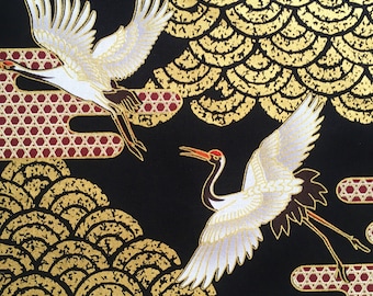 Tela japonesa, grullas, garzas, cigüeñas, pájaros metalizados, oro negro, algodón oriental chino asiático, por metros, fat quarter