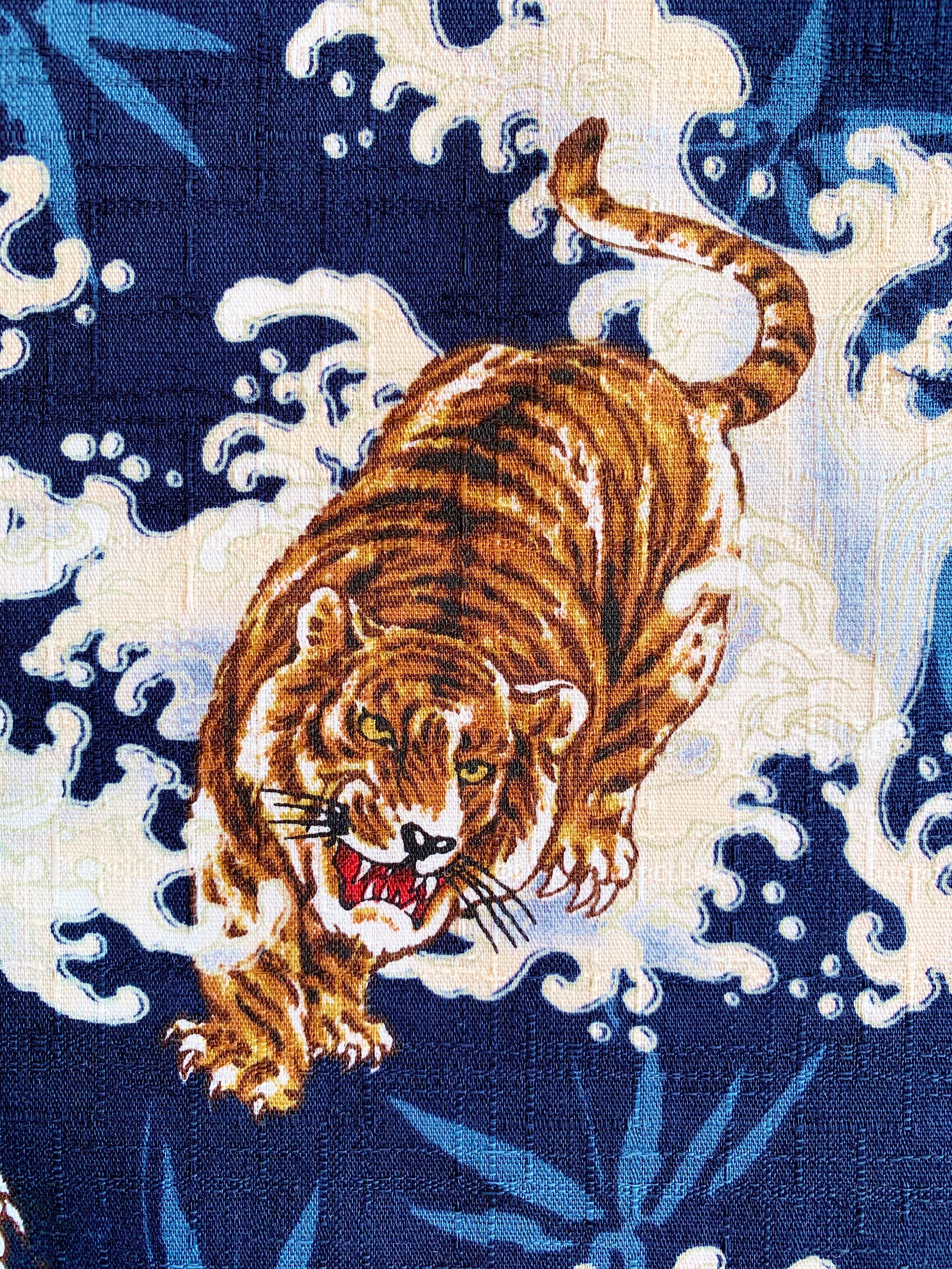Tigers Fabric, Japanese Chinese Oriental Cotton, Blue With Waves - Etsy
