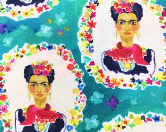 Frida's Flowers-stof, Mexicaanse Frida-kunstenaarflorakatoen, groenblauw