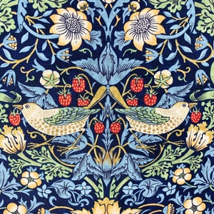May include: A fabric pattern featuring a symmetrical design of birds, strawberries, and flowers in shades of blue, yellow, green, and red. The birds are holding strawberries in their beaks, and the flowers have intricate details.