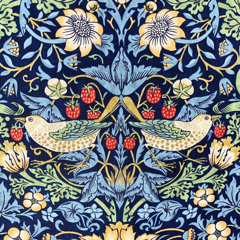 May include: A fabric pattern featuring a symmetrical design of birds, strawberries, and flowers in shades of blue, yellow, green, and red. The birds are holding strawberries in their beaks, and the flowers have intricate details.