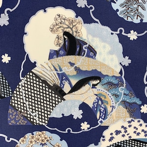 Japanese ladies fabric, blue black silver, oriental chinese asian cotton, by the metre