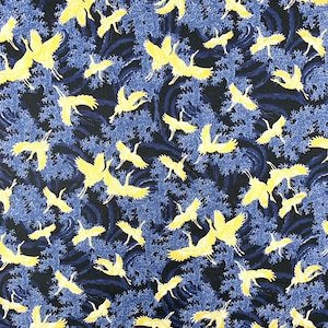 Japanese fabric, cranes herons storks, metallic birds, blue gold, oriental chinese asian cotton,  by the metre, fat quarter