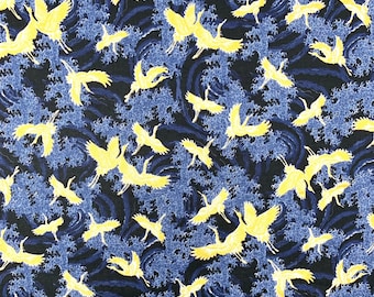 Tela japonesa, grullas, garzas, cigüeñas, pájaros metálicos, oro azul, algodón asiático chino oriental, por metro, cuarto gordo