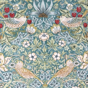 William Morris Strawberry Thief fabric, Art Nouveau green blue bird print craft cotton, Morris & Co