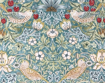 William Morris Strawberry Thief fabric, Art Nouveau green blue bird print craft cotton, Morris & Co