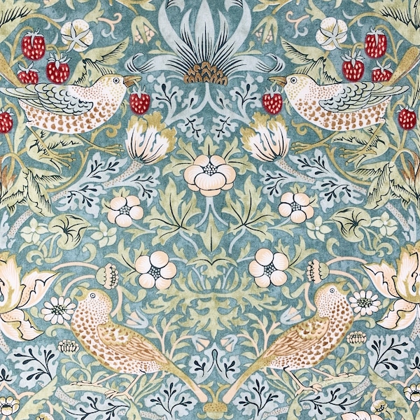 Tissu William Morris Strawberry Thief, coton artisanal à imprimé oiseaux bleu-vert Art nouveau, Morris & Co