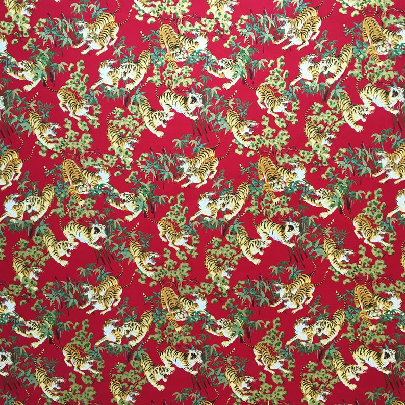Tiger Fabric, Japanese Fabric, Red and Metallic Gold, Oriental Chinese ...