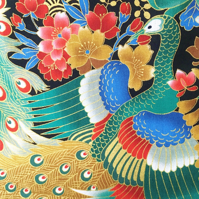 Japanese Fabric Peacock Fabric Metallic Birds Gold Teal Etsy