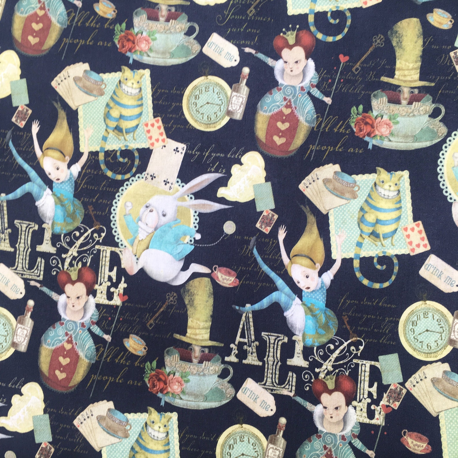 Alice in Wonderland fabric children's cotton black by Etsy