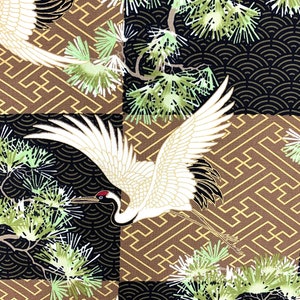 Japanse stof, kraanvogels, reigers, ooievaars, metalen vogels, zwartbruin goud, oosters Chinees Aziatisch katoen, per meter, dik kwartaal