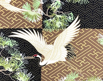 Tela japonesa, grullas, garzas, cigüeñas, pájaros metálicos, oro marrón negro, algodón asiático chino oriental, por metro, cuarto gordo