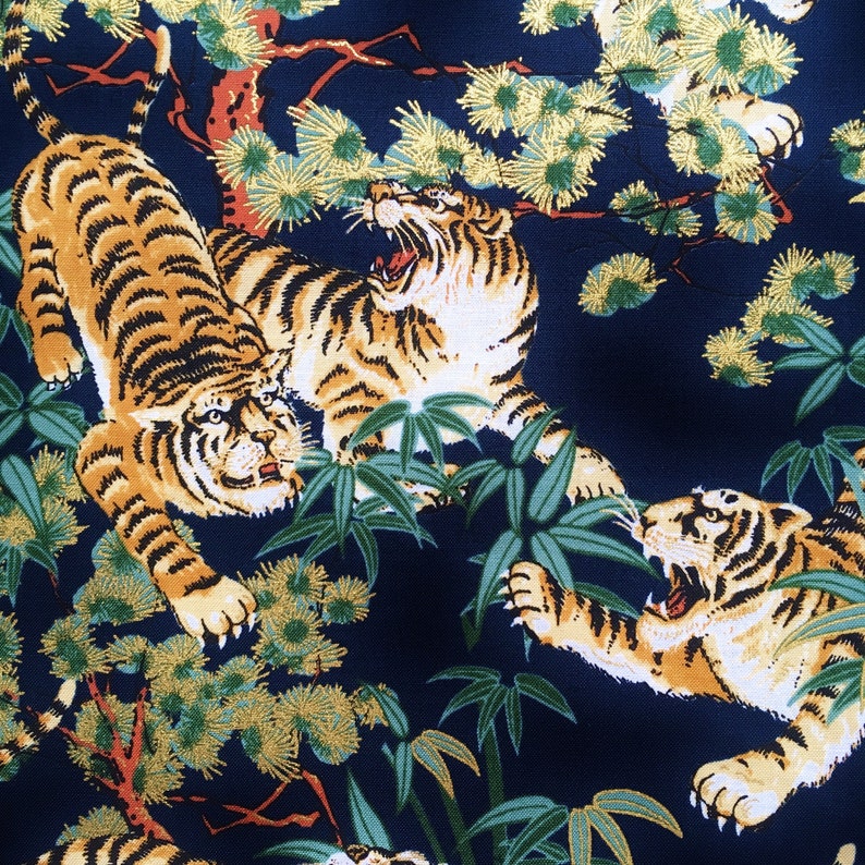 Tiger Fabric Japanese Fabric Dark Blue and Metallic Gold Etsy Canada Japanese knitting overall patterns