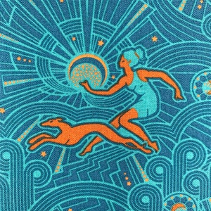 Art-decostof, mythisch katoen, greyhound turquoise Diana hunter
