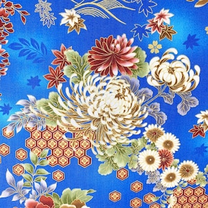 Japanese floral fabric, oriental blue flowers fabric, metallic gold