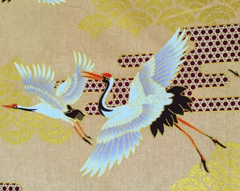 Tela japonesa, grullas, garzas, cigüeñas, pájaros metálicos, oro, algodón asiático chino oriental, por metro, cuarto gordo