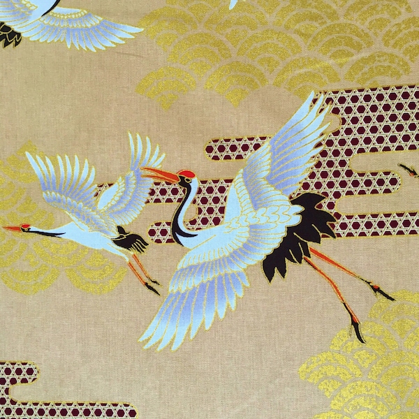 Japanese fabric, cranes herons storks, metallic birds, gold, oriental chinese asian cotton,  by the metre, fat quarter