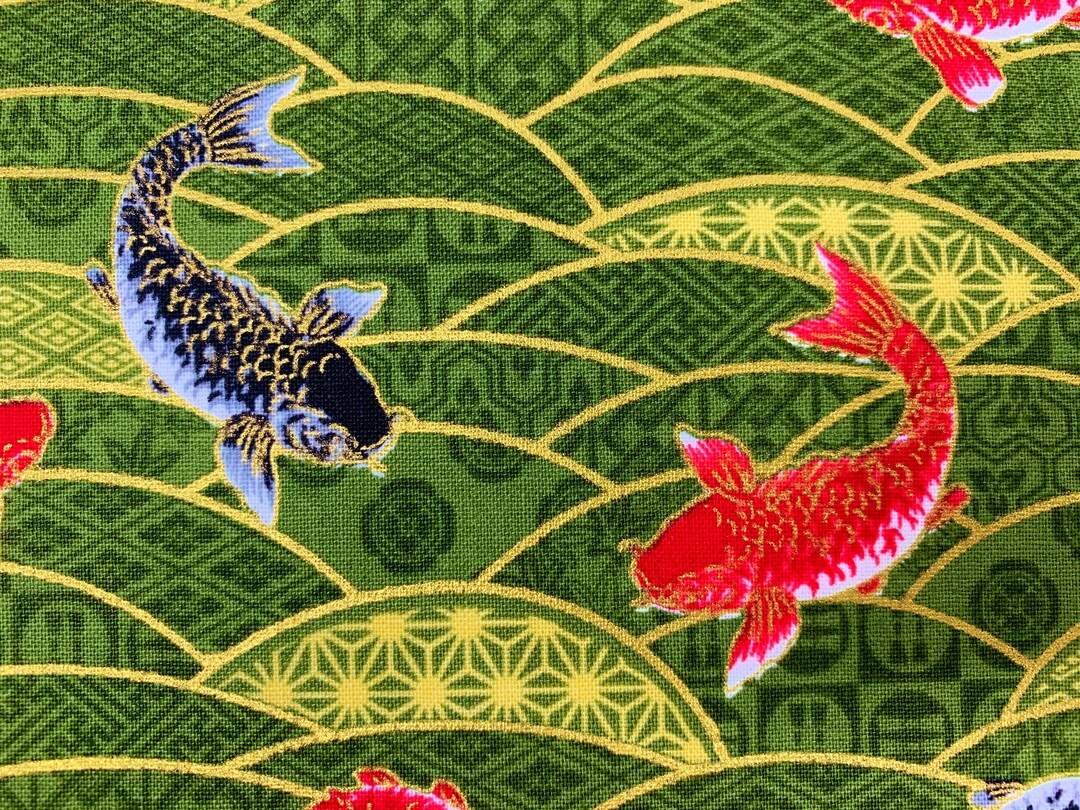 Oriental Fish Fabric, Carp, Japanese Asian Chinese, Green Gold Metallic ...