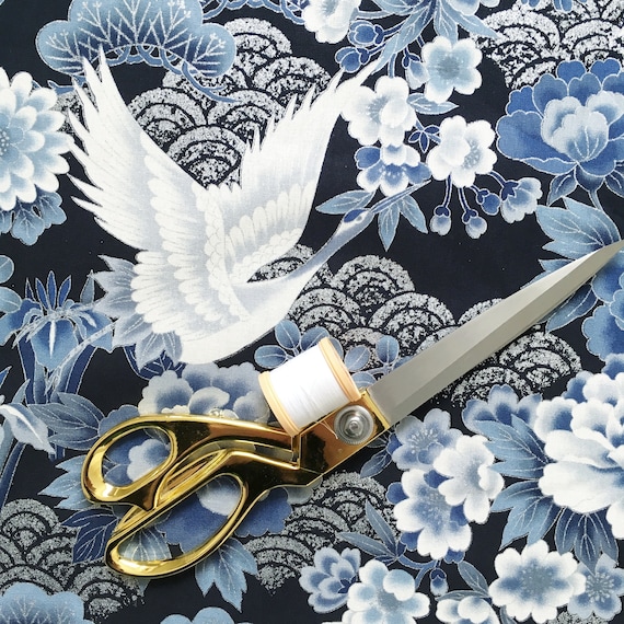 Grue Japonaise Tissu Oiseaux Métalliques Héron Cigogne Argent Et Bleu Coton Oriental Au Mètre Zen Chinois Asiatique