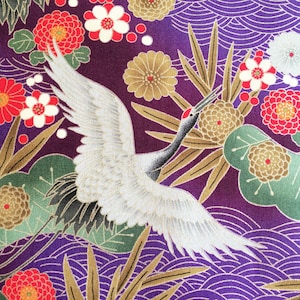 Japanese fabric, cranes fabric, metallic birds, silver purple floral, oriental chinese style cotton, by the metre, fat quarter