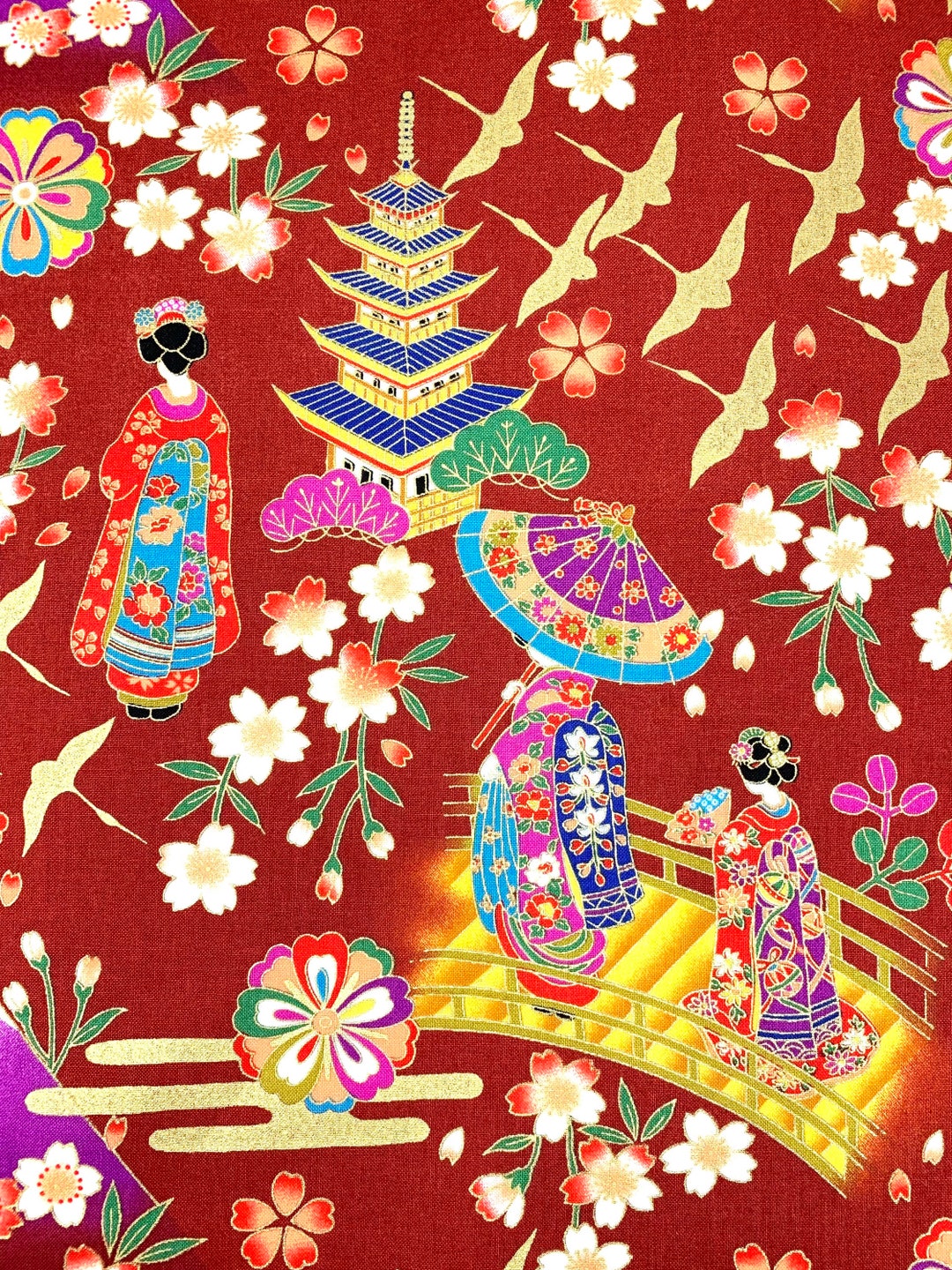 Tissu Coton Français Geisha - Motif Rose, Orange, Gris Sur Fond Rouge - Oeko-Tex