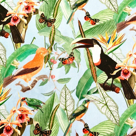 Jungle Birds fabric, toucans tropical fabric, cockatoo, bird fabric, parakeet, cotton canvas