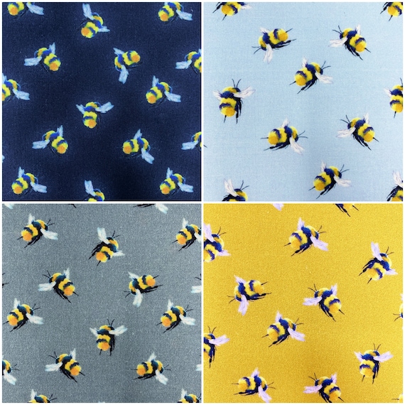 Bee Fabric, Yellow Grey or Blue, Small Bumblebee Print Craft Cotton, Insect  Wildlife Animal 