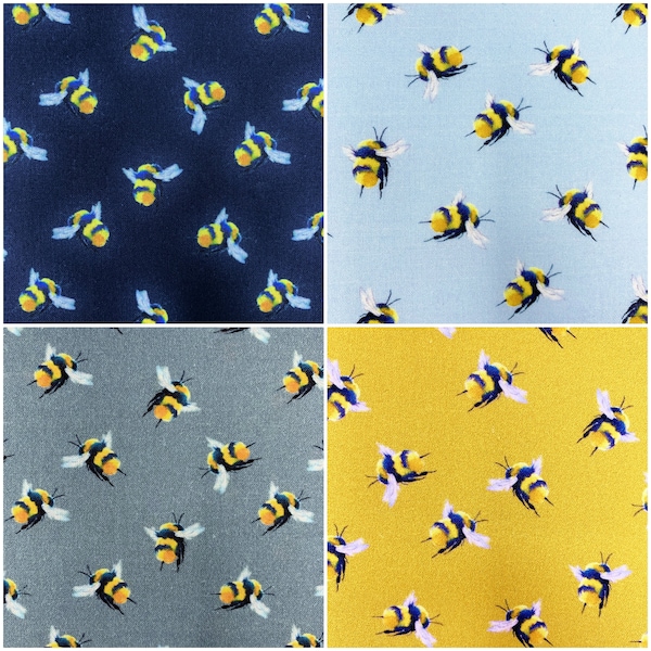 Tissu avec des abeilles, gris jaune ou bleu, coton artisanal à petits bourdons, animaux sauvages