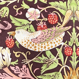 May include: A white bird with brown spots and pink accents is perched on a branch with green leaves and red berries. The background is a dark brown with a floral pattern.