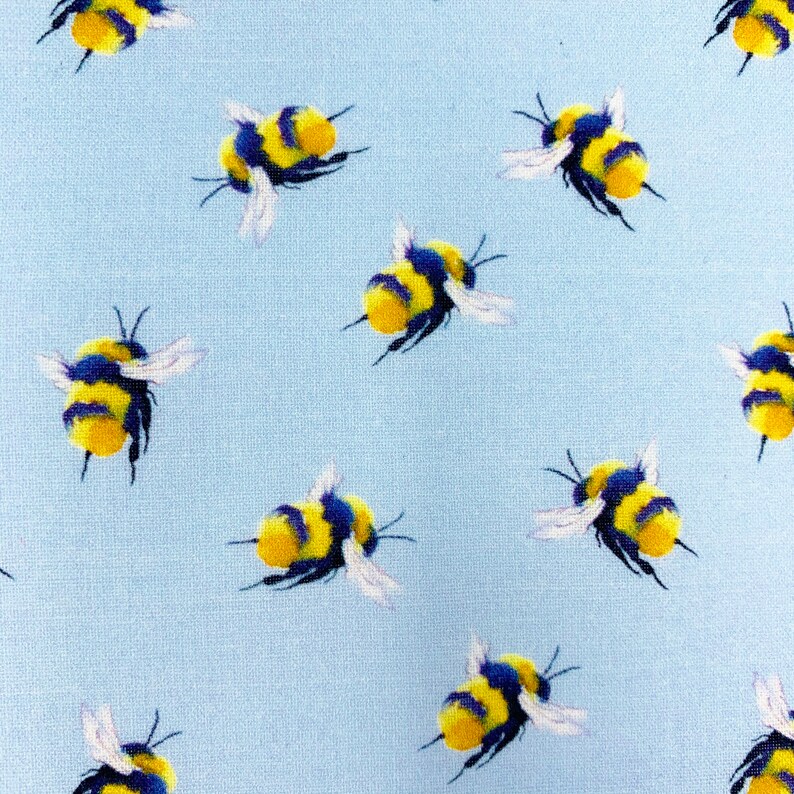 Bee Cotton Fabric – Mustard Yellow, Blue, Grey – Bumblebee Design By Vintage High St