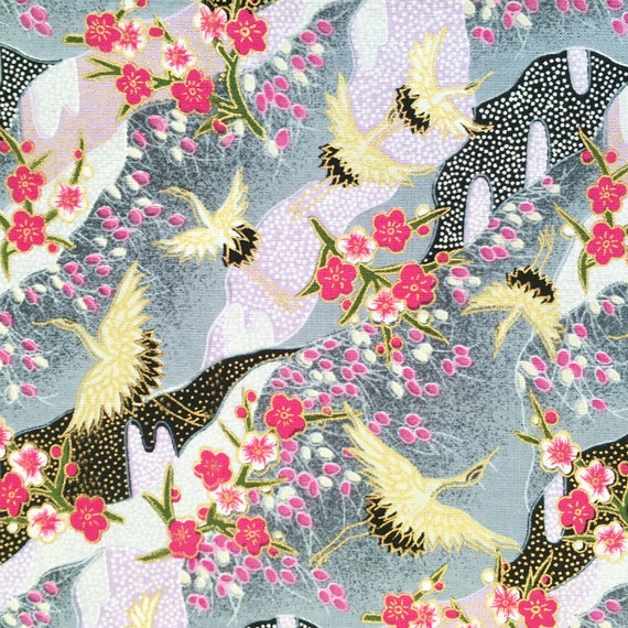 Brown Black by Kaufman; Cotton Fabric Japanese Geishas Metallic Silver