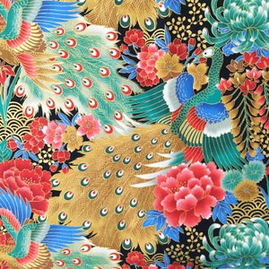 Japanese fabric, peacock fabric, metallic birds, gold silver teal floral, oriental cotton, by the metre, chrysanthemum