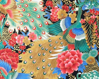 Tissu japonais, tissu paon, oiseaux métalliques, fleur de sarcelle argent doré, coton oriental, au mètre, chrysanthème