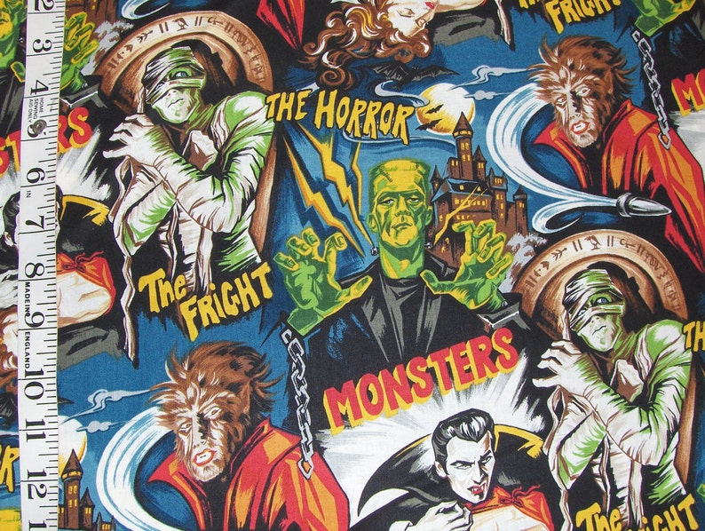 May include: A colourful fabric with a repeating pattern of classic horror movie monsters. The fabric features a green Frankenstein, a werewolf, a mummy, and a vampire. The fabric has the text "The Horror", "The Fright", and "Monsters" printed on it.