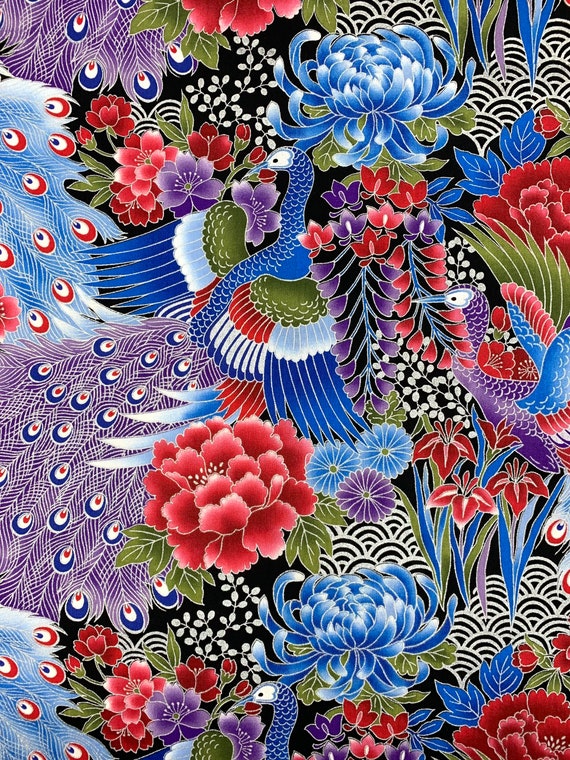 日本の生地、孔雀の生地、東洋風、アジア風、メタリックな鳥、金、銀