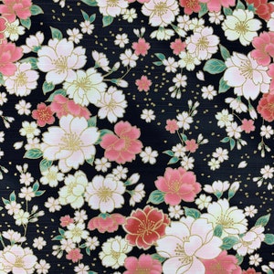 Japanese blossom sakura floral fabric, pink black gold, oriental, chinese asian cotton