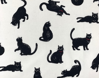Cat fabric, cats material, Japanese quirky animal print, cream black cotton