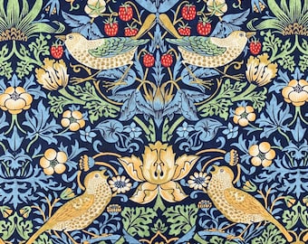 William Morris Strawberry Thief Fabric, Art Nouveau Blue